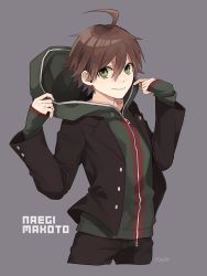 Rule 34 | 1boy, ahoge, black jacket, black pants, brown hair, character name, closed mouth, commentary request, cowboy shot, cropped legs, danganronpa: trigger happy havoc, danganronpa (series), green eyes, grey background, hair between eyes, hands up, hood, hood down, hoodie, jacket, long sleeves, looking at viewer, male focus, naegi makoto, open clothes, open jacket, pants, short hair, simple background, sleeves past wrists, smile, solo, standing, y0e0k