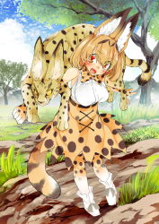 Rule 34 | 10s, 1girl, animal, animal ears, animal on shoulder, boots, bow, bowtie, carrying, commentary request, highres, holding, kemono friends, name connection, serval, serval (kemono friends), serval print, serval tail, shigurio, skirt, slit pupils, tail, tree