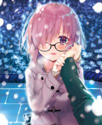 Rule 34 | 1girl, :d, black-framed eyewear, coat, collarbone, fate/grand order, fate (series), from above, glasses, hair over one eye, hand on another&#039;s cheek, hand on another&#039;s face, highres, kagome (traumatize), mash kyrielight, mash kyrielight (fgo x lawson), official alternate costume, open mouth, outdoors, pink hair, purple eyes, purple theme, smile, standing