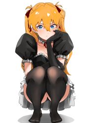 Rule 34 | 1girl, artist request, ass, black dress, black gloves, black panties, black thighhighs, blue eyes, blush, breasts, brown hair, choker, cleavage, dress, ear piercing, earrings, fetal position, full body, gloves, gothic lolita, hair ribbon, hand on own hip, heart, heart earrings, highres, himagin20180321, huge ass, jewelry, lolita fashion, long hair, looking at viewer, medium breasts, neon genesis evangelion, no shoes, panties, piercing, puffy sleeves, ribbon, short sleeves, skirt, souryuu asuka langley, squatting, sweat, thighhighs, twintails, underwear, wide hips