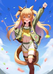 Rule 34 | 1girl, :d, absurdres, aircraft, airplane, animal ears, arm up, belt, blue sky, blush, bomber jacket, bow, brown ribbon, brown thighhighs, clenched hands, cloud, collarbone, commentary request, confetti, crop top, crossed bangs, day, dog tags, ear ribbon, flat chest, green belt, green jacket, hair between eyes, highres, horse ears, horse girl, horse tail, jacket, long hair, long sleeves, looking at viewer, lorian (ahrs3558), mayano top gun (umamusume), midriff, navel, open clothes, open jacket, open mouth, orange eyes, orange hair, orange tail, partial commentary, ribbon, shirt, shoes, short shorts, shorts, sidelocks, sky, smile, sneakers, solo, standing, standing on one leg, tail, teeth, thighhighs, two side up, umamusume, upper teeth only, white shorts, yellow shirt