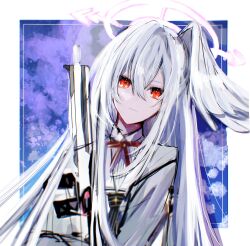 Rule 34 | 1girl, absurdres, assault rifle, blue archive, border, bow, closed mouth, collared shirt, grey hair, grey jacket, gun, halo, highres, holding, holding gun, holding weapon, jacket, long hair, long sleeves, looking at viewer, r (user asre3583), red bow, red eyes, rifle, school uniform, shirt, sig mcx, solo, suzumi (blue archive), upper body, very long hair, weapon, white border