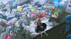 Rule 34 | 10s, 1girl, alternate costume, bad id, bad pixiv id, balloon, banner, bear, blurry, city, cityscape, closed eyes, darling in the franxx, depth of field, detached sleeves, dress, dutch angle, from above, horns, instrument, music, oni horns, pink hair, playing instrument, red horns, samsung, sawana, scenery, sign, sleeveless, sleeveless dress, united states, violin, zero two (darling in the franxx)