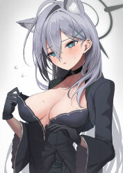 Rule 34 | 1girl, absurdres, animal ear fluff, animal ears, black choker, black dress, black halo, blue archive, blue eyes, breasts, broken halo, choker, cleavage, cross hair ornament, dark halo, diamond-shaped pupils, diamond (shape), dress, extra ears, gloves, grey hair, hair between eyes, hair ornament, halo, highres, large breasts, long hair, long sleeves, mismatched pupils, nano (nandemo note31), shiroko (blue archive), shiroko terror (blue archive), solo, sweat, symbol-shaped pupils, white background, wolf ears