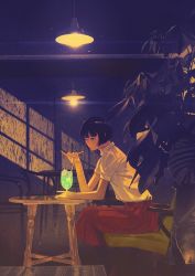 Rule 34 | 1girl, black hair, cup, drinking straw, feet out of frame, gemi, highres, leaf, original, plant, red skirt, shadow, shirt, shirt tucked in, short hair, short sleeves, sitting, skirt, solo, table, white shirt, wide shot