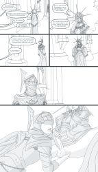 Rule 34 | 1boy, 1girl, absurdres, armor, artist request, capelet, chain, clothed sex, comic, crossdressing, dark souls (series), dark souls i, dark sun gwyndolin, dress, from software, full armor, gloveless, helmet, hetero, highres, indoors, jewelry, darkmoon knightess, mask, monochrome, no gloves, oral, pillar, robe, sex, smile, tongue, tongue out, trap
