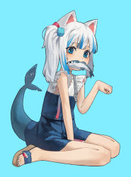 Rule 34 | 1girl, absurdres, animal ears, between legs, blue background, blue dress, blue eyes, blue hair, blue nails, blunt bangs, cat ears, closed mouth, commentary request, cube hair ornament, dress, fins, fish, fish tail, flip-flops, frilled sleeves, frills, from side, full body, gawr gura, gawr gura (casual), hair ornament, hand between legs, hand up, highres, hololive, hololive english, looking at viewer, mouth hold, multicolored hair, nail polish, paw pose, sandals, shark tail, side ponytail, sidelocks, simple background, sitting, sleeveless, sleeveless dress, smile, solo, stitches, streaked hair, suspenders, suspenders slip, tail, virtual youtuber, wariza, white hair, yoon cook
