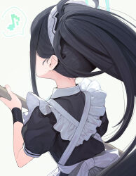 Rule 34 | 1girl, apron, aris (blue archive), aris (maid) (blue archive), black dress, black hair, blue archive, dress, from behind, halo, highres, holding, long hair, maid, maid headdress, musical note, puffy short sleeves, puffy sleeves, short sleeves, signalviolet, simple background, solo, spoken musical note, upper body, white apron, white background