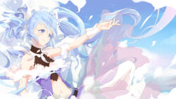 Rule 34 | 1girl, belt, black belt, blue eyes, blue hair, bzerox, chinese commentary, closed mouth, cloud, day, feathers, hatsune miku, highres, jacket, long hair, midriff, navel, outstretched arm, purple jacket, purple skirt, skirt, sky, solo, twintails, very long hair, vocaloid, white wrist cuffs, wrist cuffs