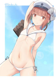 Rule 34 | 10s, 1girl, adapted costume, arm behind back, arm behind head, arm up, armpits, bikini, blush, breasts, brown eyes, brown hair, clothes writing, collarbone, cowboy shot, day, eyebrows, flat chest, gluteal fold, groin, hat, kanden sky, kantai collection, looking at viewer, lowleg, lowleg bikini, matching hair/eyes, navel, sailor bikini, sailor collar, sailor hat, short hair, side-tie bikini bottom, sky, solo, standing, swimsuit, twitter username, white bikini, white hat, z3 max schultz (kancolle)