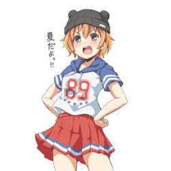 Rule 34 | 1girl, :d, bang dream!, beanie, bear hat, black hat, clothes writing, cowboy shot, drawstring, hands on own hips, hat, hood, hood down, kitazawa hagumi, looking at viewer, open mouth, orange eyes, orange hair, pleated skirt, red skirt, riai (onsen), short hair, short sleeves, simple background, skirt, smile, solo, translated, v-shaped eyebrows, white background