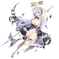 Rule 34 | 1girl, arm up, black footwear, braid, breasts, cleavage, dennou tenshi djibril, double halo, full body, grey eyes, halberd, halo, holding, holding weapon, huge breasts, long hair, long sleeves, maid headdress, official art, petticoat, polearm, showgirl skirt, sideboob, silver hair, single sleeve, solo, thighhighs, torn clothes, transparent background, very long hair, weapon, white thighhighs