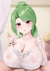 Rule 34 | 1boy, 1girl, :o, absurdres, azur lane, blush, breasts, camisole, cleavage, commission, covered erect nipples, cum, frilled camisole, frills, green hair, hetero, highres, lace, lace-trimmed shirt, lace trim, large areolae, large breasts, littorio (azur lane), littorio (lounging emerald) (azur lane), looking at viewer, loungewear, multicolored hair, official alternate costume, open mouth, oza osuwari, paid reward available, paizuri, paizuri under clothes, penis, ponytail, pov, pov crotch, precum, projectile cum, red eyes, see-through, shirt, skeb commission, solo focus, streaked hair, white camisole, white shirt