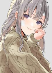 Rule 34 | 1girl, bandaid, bandaid on face, bandaid on forehead, braid, commentary request, grey background, grey hair, head rest, highres, idolmaster, idolmaster shiny colors, long hair, looking at viewer, looking to the side, pekoni (peconi), purple eyes, sleeves past wrists, solo, sweater, turtleneck, turtleneck sweater, upper body, yukoku kiriko