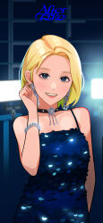 Rule 34 | 1girl, absurdres, after like (ive), animification, black choker, blonde hair, blue dress, blue eyes, bracelet, choker, dress, earrings, gaeul (ive), hair behind ear, highres, ive (group), jewelry, k-pop, making-of available, mole, mole under mouth, parted lips, real life, shiny clothes, short hair, solo, star (symbol), star earrings, teeth, yeoneotail