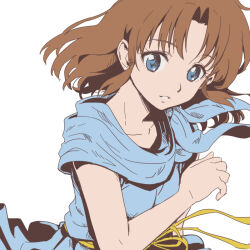 Rule 34 | 1girl, ancient ys vanished, bare arms, blue eyes, blue tunic, brown hair, collarbone, floating hair, lilia (ys), long hair, parted lips, ribbon, solo, straight hair, white background, yazwo, yellow ribbon, ys