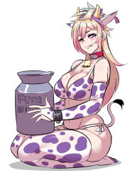 Rule 34 | 1girl, animal ears, animal print, bell, neck bell, bikini, blonde hair, blush, breasts, bridal gauntlets, character request, cleavage, collar, cow ears, cow horns, cow print, cow tail, cowbell, cuffs, ear tag, elbow gloves, fake animal ears, fake horns, female focus, full body, gloves, gradient hair, highres, horns, implied futanari, indie virtual youtuber, large breasts, licking lips, long hair, looking at viewer, milk churn, multicolored hair, navel, original, print bikini, red collar, red eyes, ryuusei (mark ii), seiza, shackles, side-tie bikini bottom, simple background, sitting, solo, strap gap, swimsuit, tail, thighhighs, tongue, tongue out, virtual youtuber, white background