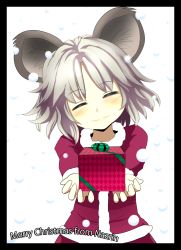 Rule 34 | 1girl, animal ears, blush, closed eyes, female focus, gift, grey hair, head tilt, highres, holding, holding gift, incoming gift, ishikkoro, looking at viewer, mouse ears, nazrin, outstretched arms, short hair, smile, snowing, solo, touhou