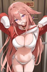 Rule 34 | 1girl, absurdres, alternate costume, animal ears, bby, bell, bikini, bikini under clothes, blush, breasts, choker, cleavage, clothes lift, commentary request, cowboy shot, door, floppy ears, fox ears, genshin impact, hair in own mouth, hands up, head tilt, highres, large breasts, lifted by self, long sleeves, looking at viewer, navel, neck bell, pink hair, purple eyes, red choker, red shirt, shirt, shirt lift, side-tie bikini bottom, sleeves past wrists, smile, solo, stomach, swimsuit, white bikini, yae miko