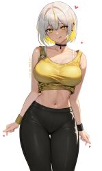 Rule 34 | 1girl, :p, absurdres, black choker, black pants, blonde hair, bra, bra strap, breasts, choker, cleavage, colored inner hair, cropped legs, double-parted bangs, ear piercing, earrings, eruthu, heart, highres, jewelry, large breasts, looking at viewer, luvdia, medium hair, midriff, multicolored hair, navel, pants, park dona, piercing, sidelocks, streaked hair, sweat, tank top, tongue, tongue out, two-tone hair, underwear, virtual youtuber, white background, white bra, white hair, wrist cuffs, yellow eyes, yellow tank top