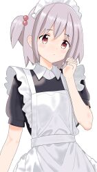 1boy blush bow brown_eyes commentary crossdressing grey_background grey_hair hair_bow looking_at_viewer maid maid_headdress male_focus male_maid onii-chan_wa_oshimai! senkawa_minato short_hair short_sleeves side_ponytail simple_background solo trap wakaz099