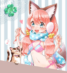 Rule 34 | 1girl, animal ears, bikini, blue eyes, blue scarf, blush, cat, cat ears, cat tail, clover, earrings, four-leaf clover, hair ornament, jewelry, long hair, minimaru, musical note, navel, original, pink hair, polka dot, quaver, scarf, smile, solo, speech bubble, spoken musical note, star (symbol), star hair ornament, swimsuit, tail, twintails