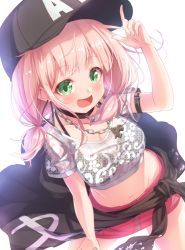 Rule 34 | 10s, 1girl, :d, arm up, bang dream!, baseball cap, black bra, black hat, black jacket, blush, bra, breasts, chain, cleavage, clothes around waist, collarbone, commentary request, crop top, fingernails, green eyes, hat, jacket, jacket around waist, light brown hair, long hair, looking at viewer, matokechi, medium breasts, midriff, navel, open mouth, red skirt, revision, see-through, shirt, short sleeves, simple background, skirt, smile, solo, uehara himari, underwear, white background, white shirt
