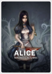 Rule 34 | alice: madness returns, alice (alice in wonderland), alice in wonderland, alice liddell (american mcgee&#039;s alice), american mcgee&#039;s alice, apron, blood, brown hair, dress, green eyes, highres, jewelry, lips, long hair, necklace, shevan, watch