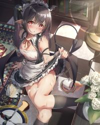 Rule 34 | 1girl, absurdres, animal ears, apron, bare shoulders, black dress, black hair, black socks, black wings, blush, book, bookshelf, breasts, broken plate, cake, cake slice, cat ears, checkered floor, cleavage, clothes lift, collared dress, commentary request, cup, demon girl, demon tail, demon wings, dress, dress lift, ear piercing, feet out of frame, flower, food, food on body, food on legs, fork, frilled apron, frilled dress, frills, hair between eyes, highres, indoors, kneehighs, lifting own clothes, long hair, looking at viewer, low wings, medium breasts, nose (oekaki1825), nose blush, on floor, original, panties, parted lips, piercing, plate, pointy ears, red eyes, red panties, red ribbon, ribbon, ribbon-trimmed apron, ribbon trim, rose, saucer, side-tie panties, sleeveless, sleeveless dress, socks, solo, spill, tail, tea, teacup, twintails, underwear, vase, white apron, white flower, white rose, wings