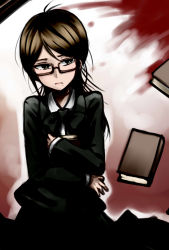 Rule 34 | 1girl, alternate costume, book, hugging book, brown hair, closed mouth, collared shirt, commentary request, danganronpa: trigger happy havoc, danganronpa (series), formal, frown, fukawa toko, glasses, highres, holding, holding book, jacket, long hair, long sleeves, looking at viewer, messy hair, mole, mole under mouth, necktie, nico (nico alice), hugging object, red background, school uniform, semi-rimless eyewear, shirt, skirt, solo, under-rim eyewear