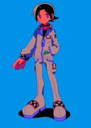 Rule 34 | 1boy, black choker, black hair, blue background, checkered clothes, choker, closed mouth, fingernails, grey footwear, grey jacket, hand in pocket, highres, jacket, looking at viewer, male focus, menma (enaic31), original, oversized zipper, pink eyes, pouch, simple background, sleeves past wrists, solo, standing, zipper, zipper pull tab