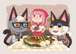 Rule 34 | 1girl, 2boys, :3, :d, animal crossing, apron, aqua eyes, artist name, basket, black-framed eyewear, blue necktie, blunt bangs, blush, blush stickers, border, bow, buttons, cat boy, cauliflower, closed mouth, collared shirt, commentary, dated, double-breasted, dress shirt, drooling, english commentary, fangs, fish, fish (food), furry, furry male, glasses, grey border, grey vest, grilled fish, hands on own hips, hands up, head scarf, heterochromia, hime cut, holding, holding ladle, indoors, ladle, long hair, long sleeves, matchaneko, multiple boys, necktie, nintendo, open mouth, outside border, pink eyes, pink hair, plaid, plaid shirt, punchy (animal crossing), raymond (animal crossing), red apron, red bow, red eyes, red headwear, red necktie, shirt, short sleeves, sidelocks, smile, standing, table, tablecloth, tray, v-shaped eyebrows, vest, villager (animal crossing), waist apron, white shirt, wing collar, yellow eyes