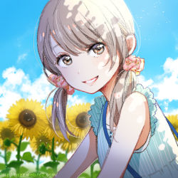 Rule 34 | 1girl, :d, bag, bare arms, blue dress, cloud, cloudy sky, day, dress, female focus, flower, grey eyes, hair ornament, hair scrunchie, hishi (k-xaby), long hair, looking at viewer, open mouth, original, outdoors, plant, scrunchie, shoulder bag, silver hair, sky, sleeveless, sleeveless dress, smile, solo, summer, sundress, sunflower, teeth, twintails, upper body