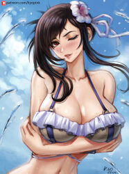 Rule 34 | 1girl, bare shoulders, beach, bikini, black hair, blush, breasts, cleavage, collarbone, final fantasy, final fantasy vii, final fantasy vii rebirth, final fantasy vii remake, flower, frilled bikini, frills, hair flower, hair ornament, halterneck, kyopink, large breasts, looking at viewer, official alternate costume, official alternate hairstyle, one eye closed, open mouth, outdoors, red eyes, sidelocks, smile, solo, swimsuit, teeth, tifa lockhart, upper body, upper teeth only