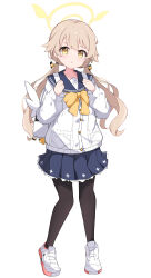 Rule 34 | 1girl, absurdres, backpack, bag, black pantyhose, black sailor collar, black skirt, blue archive, blush, buttons, cardigan, full body, halo, hifumi (blue archive), highres, light brown hair, long hair, long sleeves, looking at viewer, low twintails, pantyhose, parted lips, pleated skirt, sailor collar, shoes, simple background, skirt, solo, twintails, white background, white cardigan, white footwear, yellow eyes, yellow halo, yoi0341