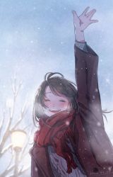 Rule 34 | 1girl, ^ ^, ^o^, black hair, blush, breath, closed eyes, coat, cold, dated, duffel coat, closed eyes, floating hair, highres, original, outdoors, outstretched arm, red scarf, round teeth, scarf, smile, snow, snowing, teeth, tsujin bohboh, upper body