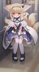Rule 34 | 1girl, animal ear fluff, animal ears, arknights, arms between legs, bare shoulders, black footwear, black gloves, blonde hair, blue dress, blush, cloneko (zelmeledf2), commission, dress, embarrassed, female focus, fox ears, fox girl, fox tail, full body, gloves, highres, multiple tails, off shoulder, pantyhose, parted lips, pee, short hair, single glove, skeb commission, solo, standing, suzuran (arknights), tail, tearing up, white pantyhose