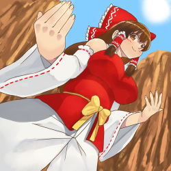 Rule 34 | 1girl, blue sky, bow, breasts, brown eyes, brown hair, cliff, closed mouth, collared shirt, commentary request, cookie (touhou), cowboy shot, day, detached sleeves, frilled bow, frilled hair tubes, frills, hair bow, hair tubes, hakurei reimu, impossible clothes, impossible shirt, kanna (cookie), large breasts, long hair, looking at viewer, mo-fu, outdoors, red bow, red shirt, ribbon-trimmed sleeves, ribbon trim, shirt, shorts, sidelocks, sky, sleeveless, sleeveless shirt, smile, solo, sun, touhou, white shorts, white sleeves, wide sleeves, yellow bow