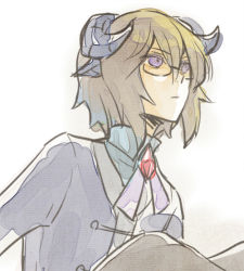 Rule 34 | 1boy, alternate hair length, alternate hairstyle, bow, bowtie, brooch, brown hair, glasses, hair between eyes, hato moa, hatoful kareshi, horns, isa souma, iwamine shuu, jewelry, looking up, male focus, personification, purple eyes, serious, short hair, solo, spoilers, white background