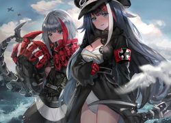 Rule 34 | 2girls, absurdres, admiral graf spee (azur lane), armband, azur lane, bird, black hair, blue eyes, blue sky, breasts, claws, cleavage, cloud, cross, day, deutschland (azur lane), fins, fish tail, goggles, goggles on headwear, hat, highres, huge filesize, iron cross, long hair, long sleeves, mechanical hands, mechanical tail, medium breasts, military hat, multicolored hair, multiple girls, ocean, outdoors, rota (078), scarf, scarf over mouth, shark tail, short hair, sky, standing, streaked hair, tail, underboob, white hair