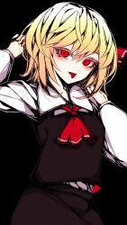 Rule 34 | 1girl, absurdres, ascot, black vest, blonde hair, darkness, hair ribbon, highres, open mouth, red ascot, red eyes, red ribbon, ribbon, rumia, shi to na, short hair, skirt, skirt set, solo, tongue, tongue out, touhou, vest