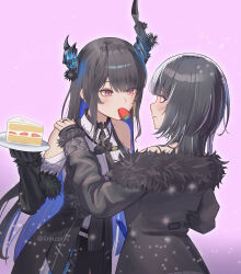 2girls absurdres black_coat black_hair blue_hair cake clothing_cutout coat commentary english_commentary food food_in_mouth fruit hand_on_another&#039;s_shoulder highres holding holding_plate hololive hololive_english horns jewelry linhcoris long_hair looking_at_another mole mole_under_eye mouth_hold multicolored_hair multiple_girls multiple_rings nerissa_ravencroft pink_eyes plate purple_background ring shiori_novella shoulder_cutout strawberry strawberry_shortcake streaked_hair virtual_youtuber white_hair yellow_eyes yuri