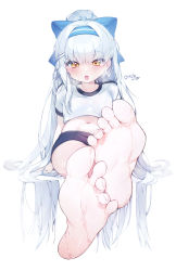 Rule 34 | 1girl, barefoot, blush, breasts, commission, crop top, crossed legs, eyelashes, feet, foot focus, foreshortening, grey hair, gym uniform, hair ornament, hair ribbon, hairband, heavy breathing, highres, korean text, leaning back, long hair, looking at viewer, lower teeth only, midriff, navel, open mouth, orange eyes, original, ribbon, sen light, shirt, short shorts, short sleeves, shorts, sidelocks, simple background, sitting, small breasts, soles, solo, sweat, sweatdrop, teeth, toes, very long hair, white background, white shirt