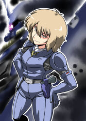 1girl blurry blurry_background brown_eyes brown_hair char&#039;s_counterattack commentary_request geara_doga geara_doga_(rezin_schnyder_custom) glowing glowing_eye gun gundam handgun hands_on_own_hips highres holster insignia looking_at_viewer mecha mobile_suit neo_zeon one-eyed pilot_suit rezin_schnyder robot science_fiction spacesuit tukiwani weapon