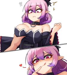 Rule 34 | !?, 1girl, absurdres, bare shoulders, bippew, black choker, black dress, blush, bob cut, breasts, choker, cleavage, closed mouth, collarbone, dress, finger to mouth, frilled sleeves, frills, gradient hair, groping, hair between eyes, heart, highres, huge breasts, korean commentary, long sleeves, looking down, lucid (maplestory), maplestory, multicolored hair, multiple views, pink eyes, pink hair, pointy ears, purple hair, simple background, smile, solo focus, tongue, tongue out, two-tone hair, underbust, wide sleeves