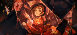 Rule 34 | 2boys, 2girls, arm up, bad id, bad twitter id, broken glass, building, character request, ciloranko, collared shirt, copyright request, crack, glass, glass shards, glasses, highres, holding, jacket, japanese clothes, key, kimono, looking at viewer, multiple boys, multiple girls, orange kimono, print kimono, red shirt, reflection, ruins, shadow, shirt, short hair, standing, swept bangs, upper body, white jacket, yukata