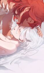 Rule 34 | 2girls, ani lu, blush, closed eyes, couple, dark-skinned female, dark skin, female focus, gundam, gundam suisei no majo, hand on another&#039;s head, hand on another&#039;s shoulder, jewelry, kiss, kissing forehead, miorine rembran, multiple girls, nude, red hair, ring, suletta mercury, wedding ring, wife and wife, yuri