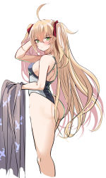 Rule 34 | 1girl, absurdres, admiral hipper (azur lane), ahoge, ass, azur lane, blonde hair, blush, breasts, cropped legs, green eyes, hair between eyes, hair ribbon, hand in own hair, hey taisyou, highleg, highres, holding, long hair, looking at viewer, medium breasts, one-piece swimsuit, parted lips, ribbon, simple background, solo, swimsuit, thong swimsuit, two side up, very long hair, white background