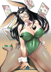 Rule 34 | 1girl, animal ears, ayato, azur lane, bare shoulders, black hair, blue eyes, blush, breasts, card, cleavage, covered erect nipples, covered navel, dildo, fake animal ears, female focus, fishnets, glasses, high heels, highleg, highres, indoors, kneeling, large breasts, leotard, long hair, looking at viewer, object insertion, on ground, open mouth, pantyhose, playboy bunny, puffy nipples, pussy juice, rabbit ears, rabbit girl, sex toy, shoes, solo, souryuu (azur lane), vaginal