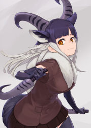 Rule 34 | 1girl, :3, absurdres, animal ears, black hair, brown eyes, closed mouth, cowboy shot, don3, dual wielding, elbow gloves, extra ears, fur collar, gloves, grey hair, hand up, highres, himalayan tahr (kemono friends), holding, holding weapon, horizontal pupils, horns, jacket, kemono friends, knife, long hair, microskirt, multicolored hair, parted bangs, short sleeves, skirt, smile, solo, tail, thighhighs, two-tone hair, weapon, zettai ryouiki
